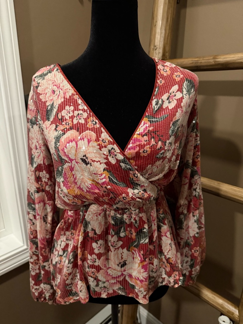 LC Lauren Conrad Coral Floral Wrap Peplum Blouse Dress